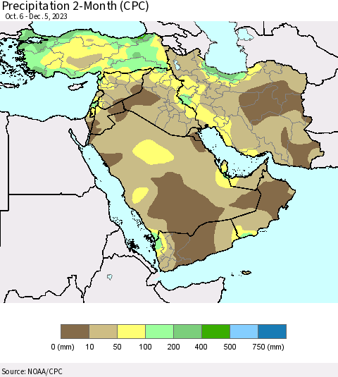 Middle East and Turkey Precipitation 2-Month (CPC) Thematic Map For 10/6/2023 - 12/5/2023
