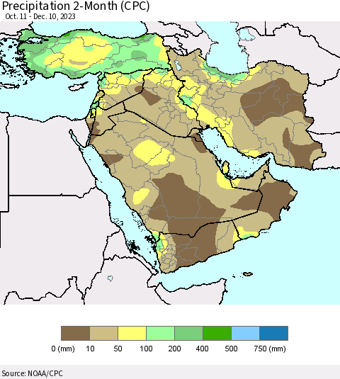 Middle East and Turkey Precipitation 2-Month (CPC) Thematic Map For 10/11/2023 - 12/10/2023
