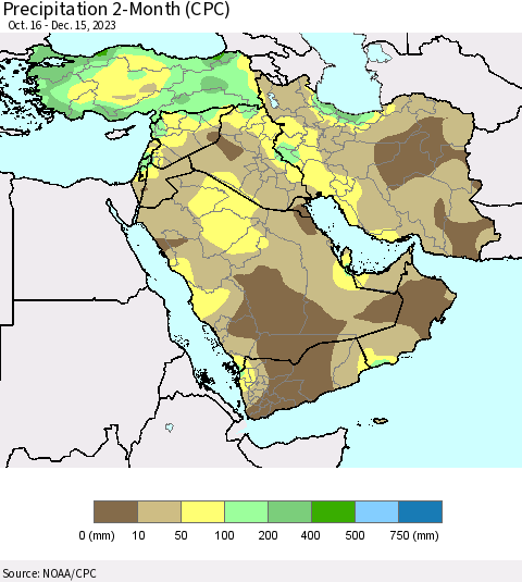 Middle East and Turkey Precipitation 2-Month (CPC) Thematic Map For 10/16/2023 - 12/15/2023