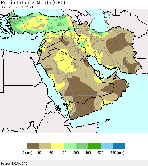 Middle East and Turkey Precipitation 2-Month (CPC) Thematic Map For 10/21/2023 - 12/20/2023