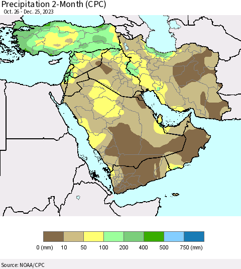 Middle East and Turkey Precipitation 2-Month (CPC) Thematic Map For 10/26/2023 - 12/25/2023