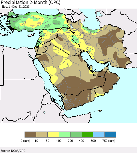 Middle East and Turkey Precipitation 2-Month (CPC) Thematic Map For 11/1/2023 - 12/31/2023