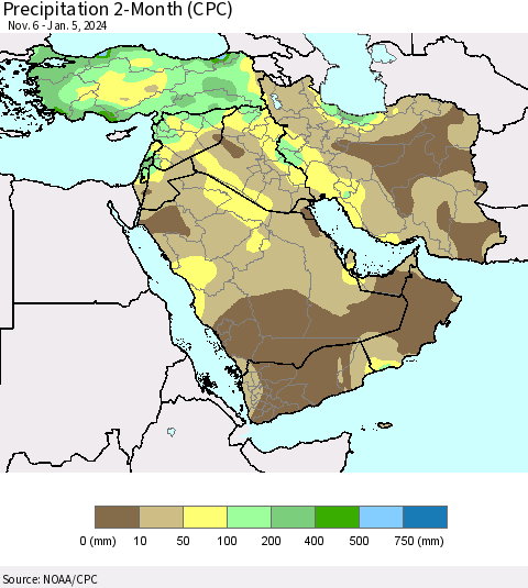 Middle East and Turkey Precipitation 2-Month (CPC) Thematic Map For 11/6/2023 - 1/5/2024