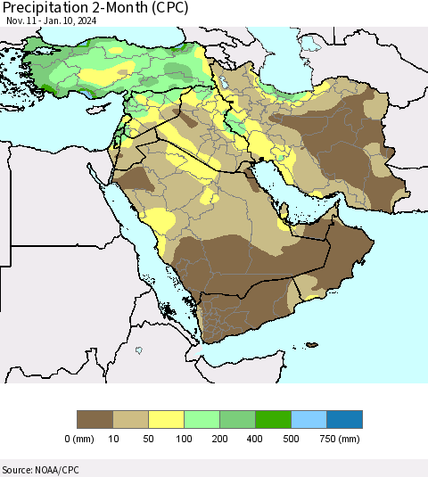 Middle East and Turkey Precipitation 2-Month (CPC) Thematic Map For 11/11/2023 - 1/10/2024