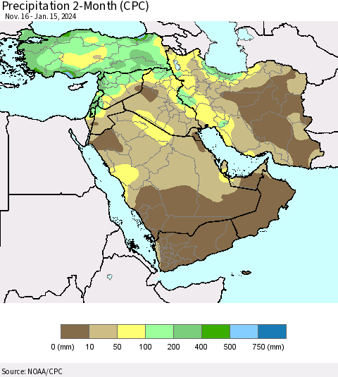 Middle East and Turkey Precipitation 2-Month (CPC) Thematic Map For 11/16/2023 - 1/15/2024