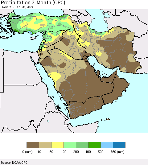 Middle East and Turkey Precipitation 2-Month (CPC) Thematic Map For 11/21/2023 - 1/20/2024