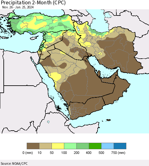 Middle East and Turkey Precipitation 2-Month (CPC) Thematic Map For 11/26/2023 - 1/25/2024