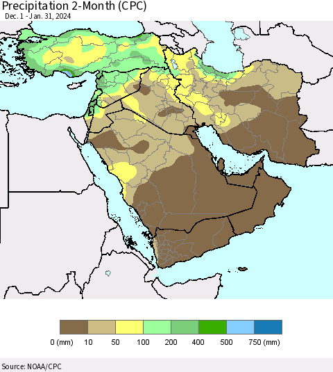 Middle East and Turkey Precipitation 2-Month (CPC) Thematic Map For 12/1/2023 - 1/31/2024