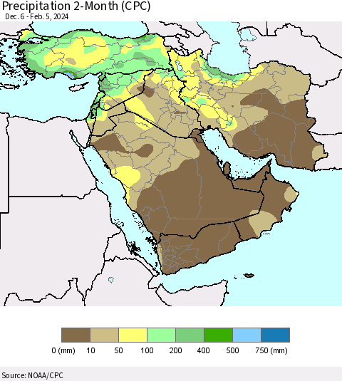 Middle East and Turkey Precipitation 2-Month (CPC) Thematic Map For 12/6/2023 - 2/5/2024