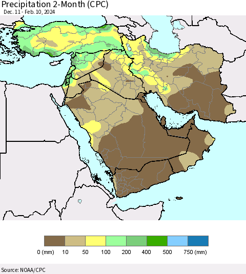 Middle East and Turkey Precipitation 2-Month (CPC) Thematic Map For 12/11/2023 - 2/10/2024