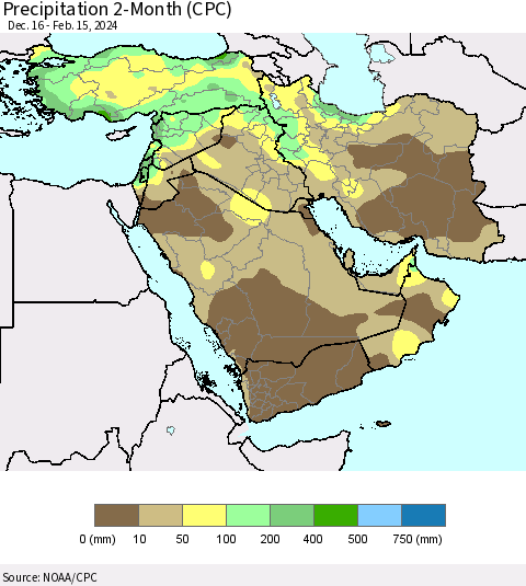 Middle East and Turkey Precipitation 2-Month (CPC) Thematic Map For 12/16/2023 - 2/15/2024