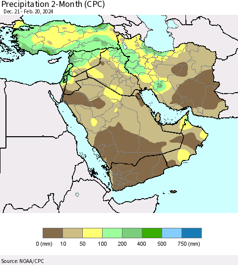Middle East and Turkey Precipitation 2-Month (CPC) Thematic Map For 12/21/2023 - 2/20/2024