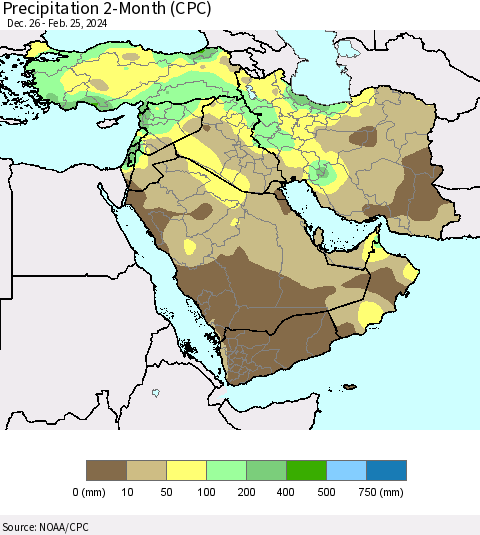 Middle East and Turkey Precipitation 2-Month (CPC) Thematic Map For 12/26/2023 - 2/25/2024