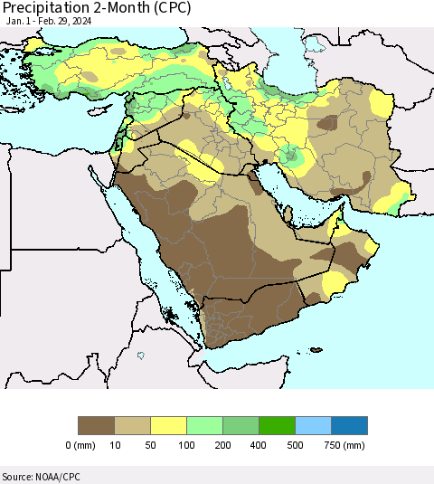 Middle East and Turkey Precipitation 2-Month (CPC) Thematic Map For 1/1/2024 - 2/29/2024