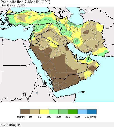 Middle East and Turkey Precipitation 2-Month (CPC) Thematic Map For 1/11/2024 - 3/10/2024