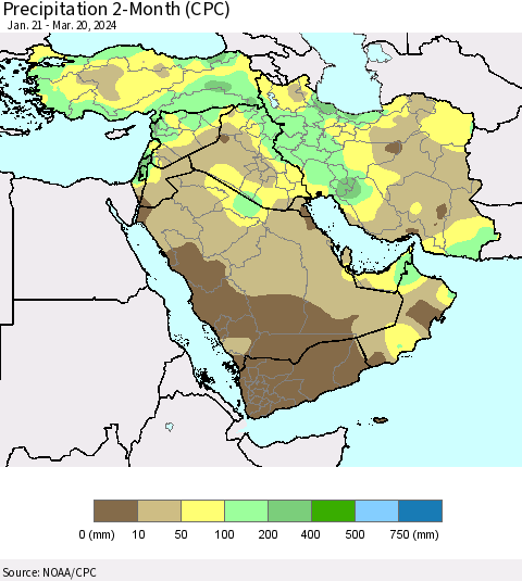 Middle East and Turkey Precipitation 2-Month (CPC) Thematic Map For 1/21/2024 - 3/20/2024