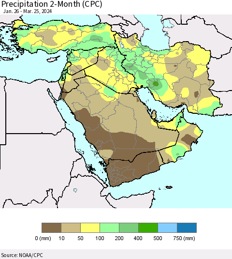 Middle East and Turkey Precipitation 2-Month (CPC) Thematic Map For 1/26/2024 - 3/25/2024