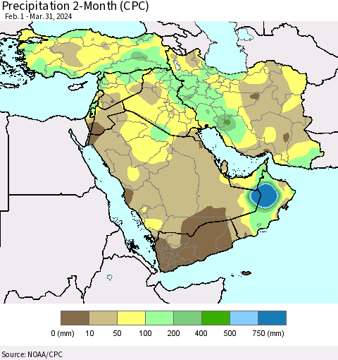 Middle East and Turkey Precipitation 2-Month (CPC) Thematic Map For 2/1/2024 - 3/31/2024