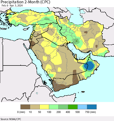 Middle East and Turkey Precipitation 2-Month (CPC) Thematic Map For 2/6/2024 - 4/5/2024