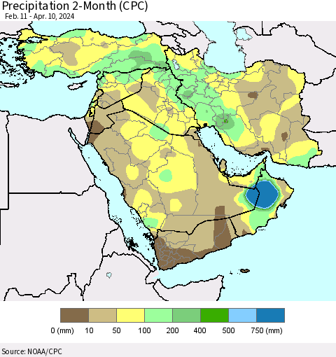 Middle East and Turkey Precipitation 2-Month (CPC) Thematic Map For 2/11/2024 - 4/10/2024