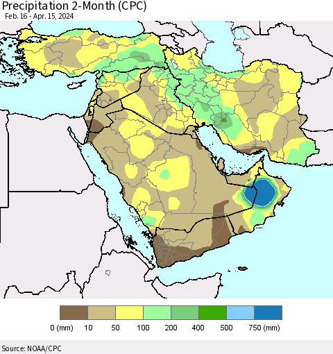 Middle East and Turkey Precipitation 2-Month (CPC) Thematic Map For 2/16/2024 - 4/15/2024