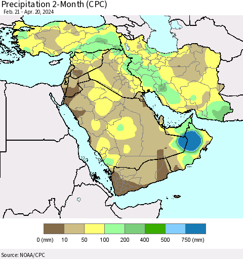 Middle East and Turkey Precipitation 2-Month (CPC) Thematic Map For 2/21/2024 - 4/20/2024