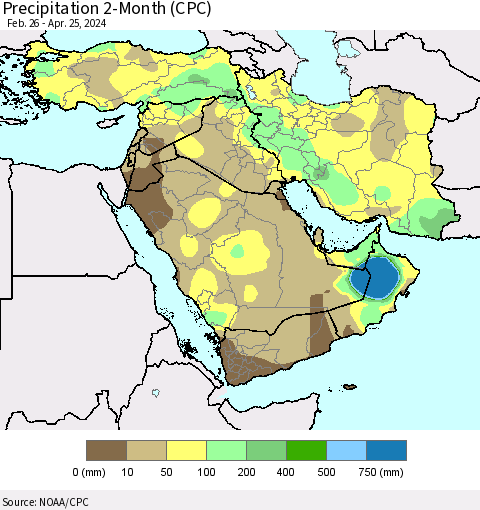 Middle East and Turkey Precipitation 2-Month (CPC) Thematic Map For 2/26/2024 - 4/25/2024