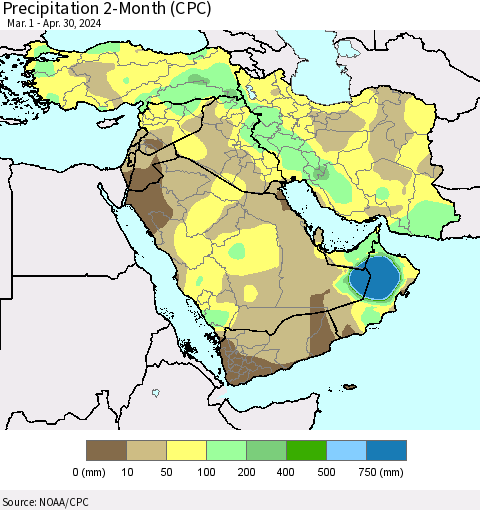 Middle East and Turkey Precipitation 2-Month (CPC) Thematic Map For 3/1/2024 - 4/30/2024