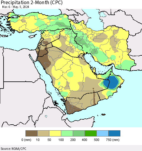 Middle East and Turkey Precipitation 2-Month (CPC) Thematic Map For 3/6/2024 - 5/5/2024