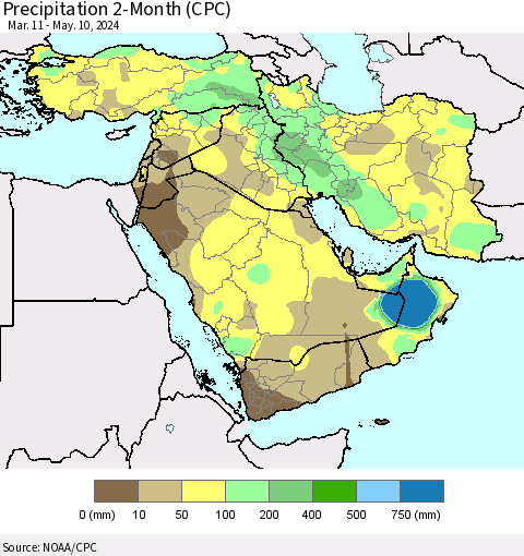 Middle East and Turkey Precipitation 2-Month (CPC) Thematic Map For 3/11/2024 - 5/10/2024