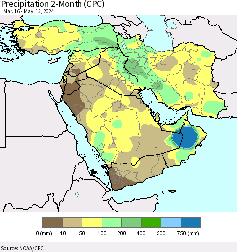 Middle East and Turkey Precipitation 2-Month (CPC) Thematic Map For 3/16/2024 - 5/15/2024