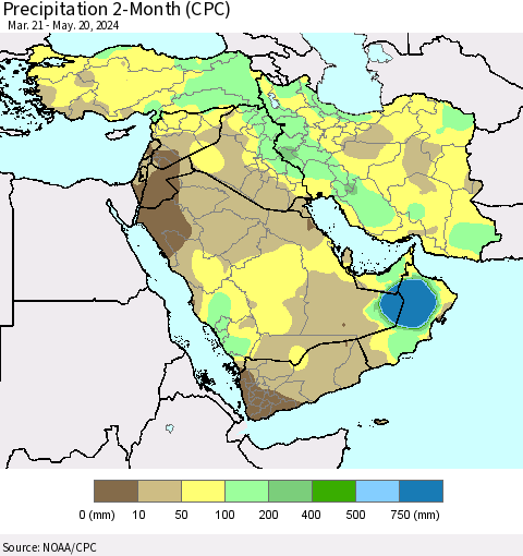 Middle East and Turkey Precipitation 2-Month (CPC) Thematic Map For 3/21/2024 - 5/20/2024