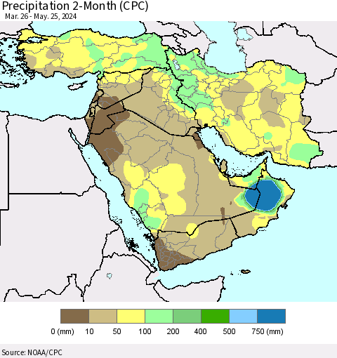 Middle East and Turkey Precipitation 2-Month (CPC) Thematic Map For 3/26/2024 - 5/25/2024