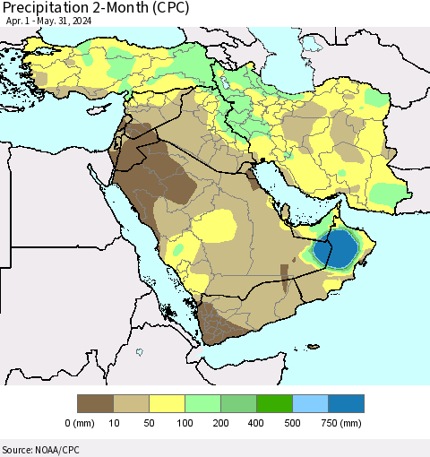 Middle East and Turkey Precipitation 2-Month (CPC) Thematic Map For 4/1/2024 - 5/31/2024