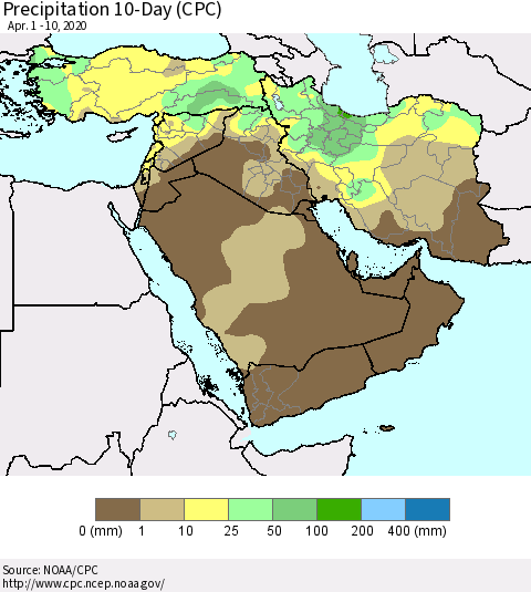 Middle East and Turkey Precipitation 10-Day (CPC) Thematic Map For 4/1/2020 - 4/10/2020