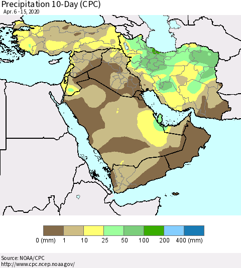 Middle East and Turkey Precipitation 10-Day (CPC) Thematic Map For 4/6/2020 - 4/15/2020