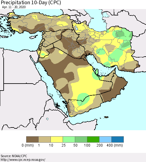 Middle East and Turkey Precipitation 10-Day (CPC) Thematic Map For 4/11/2020 - 4/20/2020