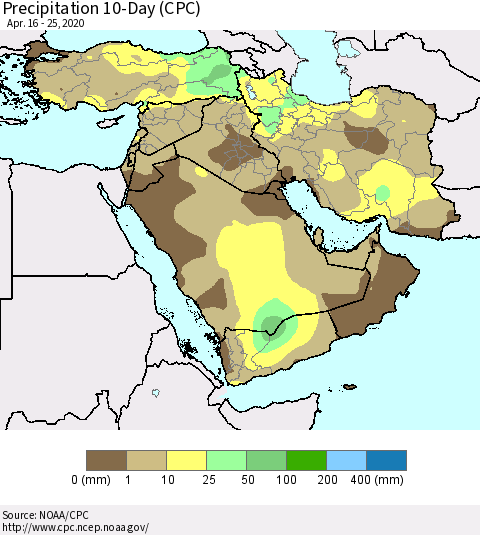 Middle East and Turkey Precipitation 10-Day (CPC) Thematic Map For 4/16/2020 - 4/25/2020