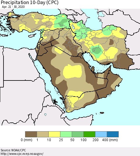 Middle East and Turkey Precipitation 10-Day (CPC) Thematic Map For 4/21/2020 - 4/30/2020