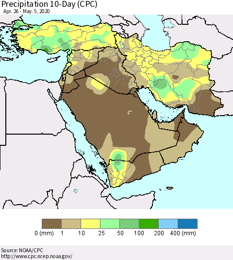 Middle East and Turkey Precipitation 10-Day (CPC) Thematic Map For 4/26/2020 - 5/5/2020