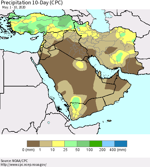 Middle East and Turkey Precipitation 10-Day (CPC) Thematic Map For 5/1/2020 - 5/10/2020