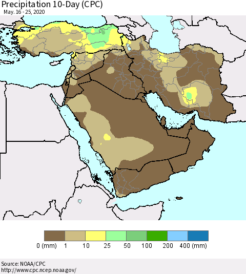 Middle East and Turkey Precipitation 10-Day (CPC) Thematic Map For 5/16/2020 - 5/25/2020