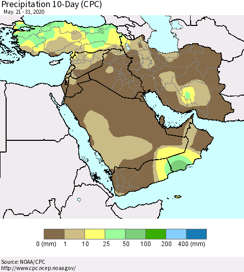Middle East and Turkey Precipitation 10-Day (CPC) Thematic Map For 5/21/2020 - 5/31/2020