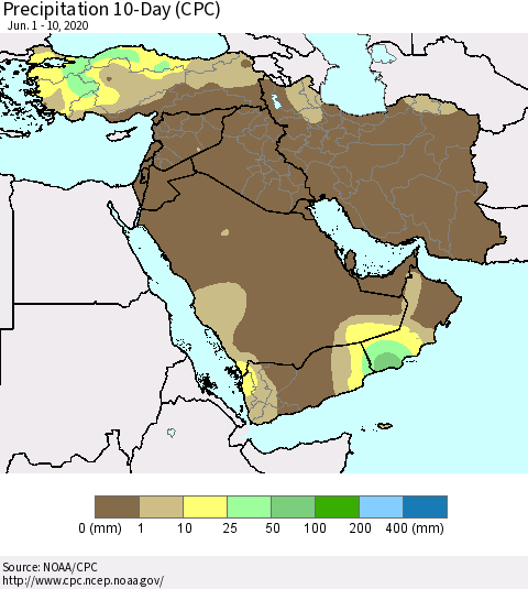 Middle East and Turkey Precipitation 10-Day (CPC) Thematic Map For 6/1/2020 - 6/10/2020