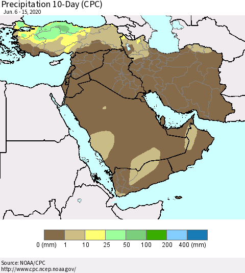 Middle East and Turkey Precipitation 10-Day (CPC) Thematic Map For 6/6/2020 - 6/15/2020
