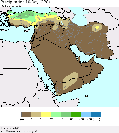 Middle East and Turkey Precipitation 10-Day (CPC) Thematic Map For 6/11/2020 - 6/20/2020