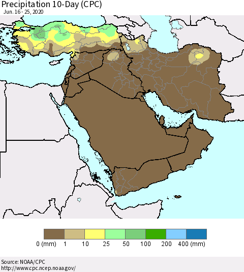 Middle East and Turkey Precipitation 10-Day (CPC) Thematic Map For 6/16/2020 - 6/25/2020