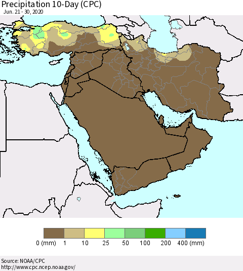 Middle East and Turkey Precipitation 10-Day (CPC) Thematic Map For 6/21/2020 - 6/30/2020