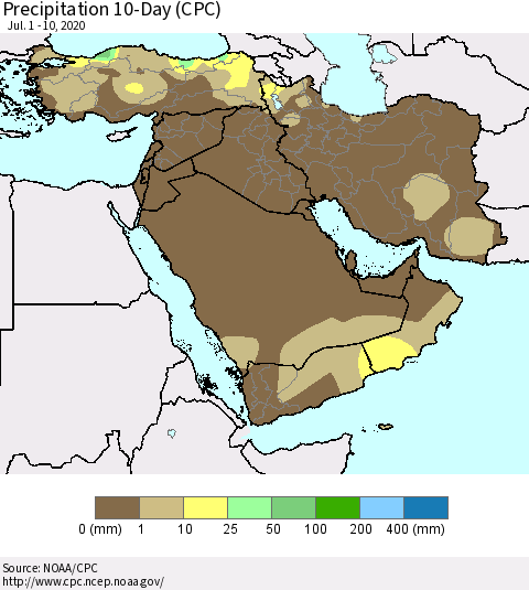 Middle East and Turkey Precipitation 10-Day (CPC) Thematic Map For 7/1/2020 - 7/10/2020