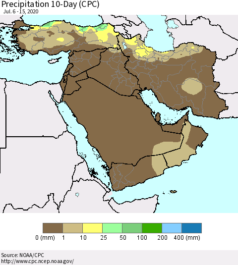 Middle East and Turkey Precipitation 10-Day (CPC) Thematic Map For 7/6/2020 - 7/15/2020